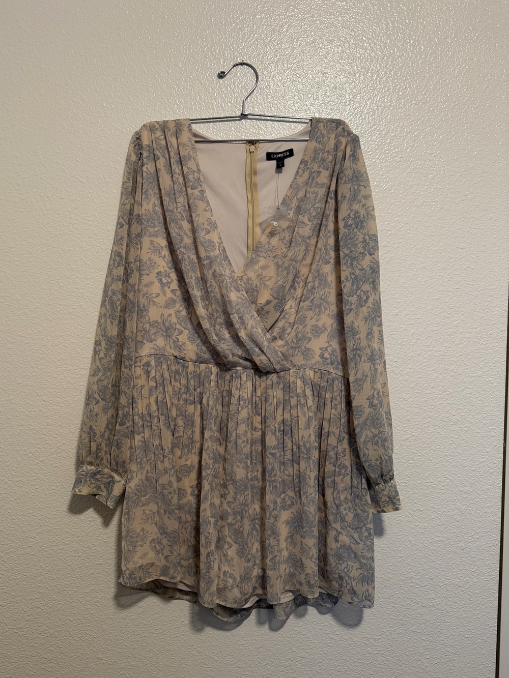 Express Beige and Light Blue Floral Long-Sleeve Mini Dress